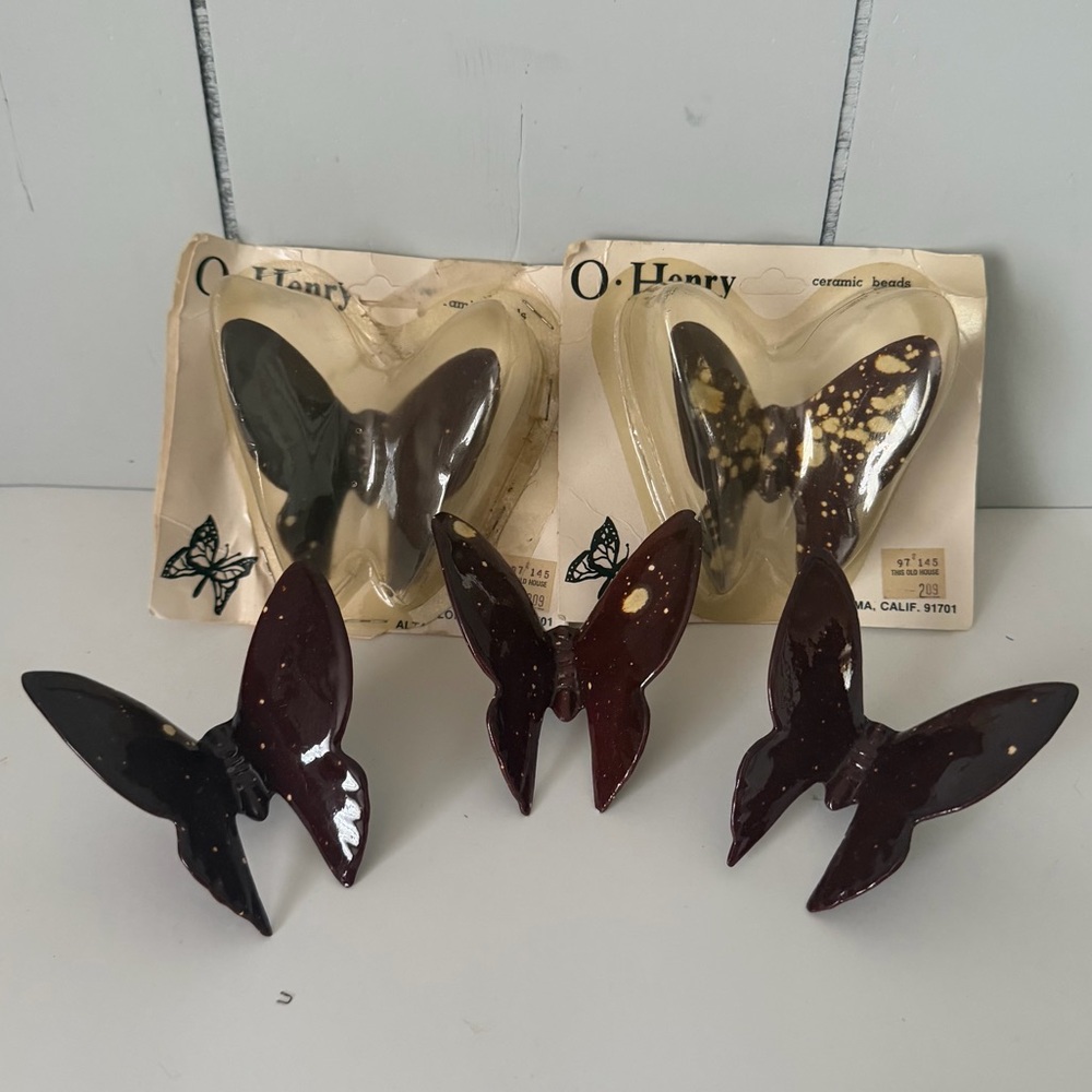 5 Count Vintage Macrame O Henry Ceramic Butterfly Bead Brown Tan